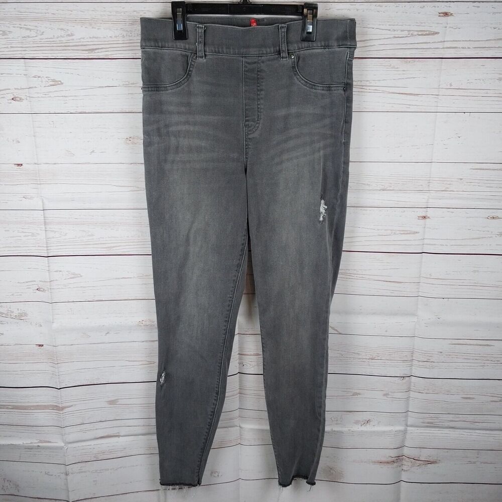 Spanx Jeggings Womens Large Gray Stretch Denim Skinny Leg Distressed High Rise